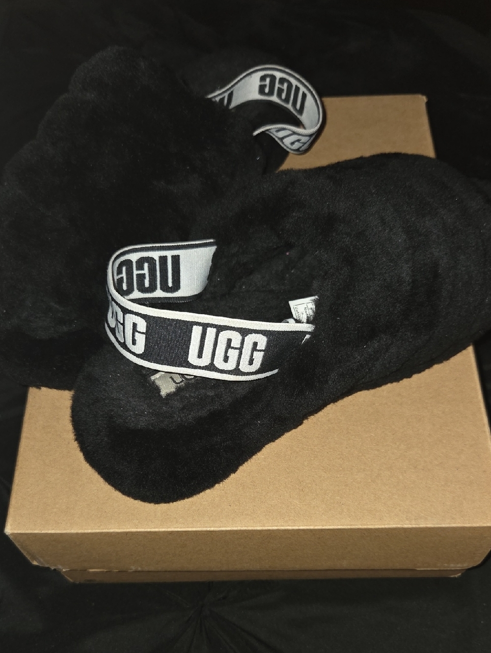 UGG Black Fuzzy Elastic Back Slide Slippers